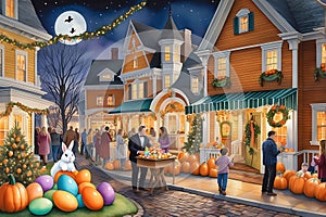 Whimsical Town Square Delight: Watercolor Portrayal - Easter Bunny Painting Eggs in One Corner, Halloween Magic Unfolding in