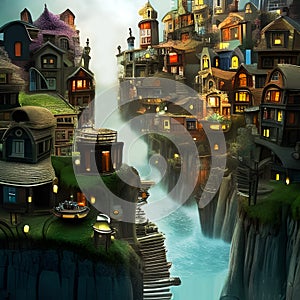 Whimsical towns seperated by a cavernous waterfall photo