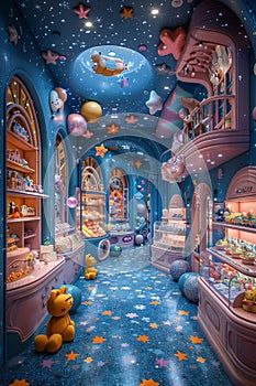 Whimsical toy store with magical displays and interactive zones3D render.