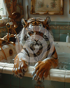 Whimsical Transgressive Art of a Tiger in a Bathtub, Storybook Illustration, HD Behance, Ambient Occlusion