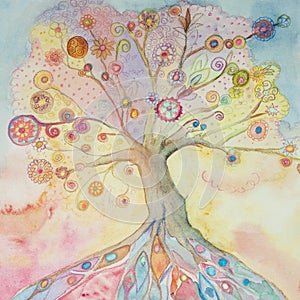 Whimsical tree of life with pastel colors.