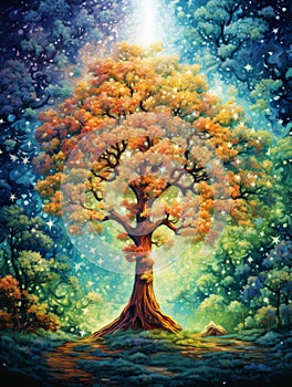 Whimsical Tree at Night Painting.