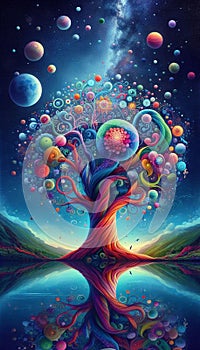 Whimsical Tree Under Starry Night: A Colorful Fantasy Landscape with Celestial Reflections photo