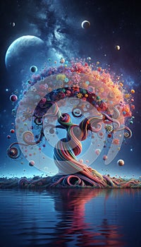 Whimsical Tree Under Starry Night: A Colorful Fantasy Landscape with Celestial Reflections photo