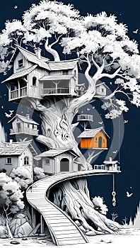 Whimsical Treehouses in a Giant Mystical Tree