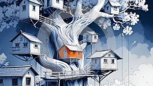 Whimsical Treehouses in a Giant Mystical Tree
