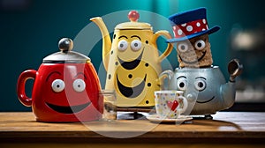 Whimsical Trio: Robot, Banana, and Teapot in Comical Arrangement