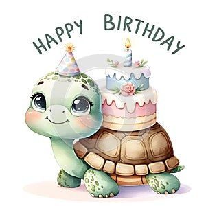Whimsical Turtle with Birthday Cake in Watercolor Style. AI-generated