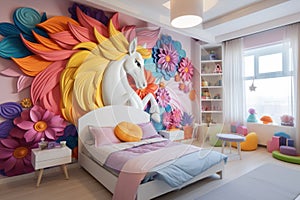 Whimsical Unicorn kids room pink. Generate Ai