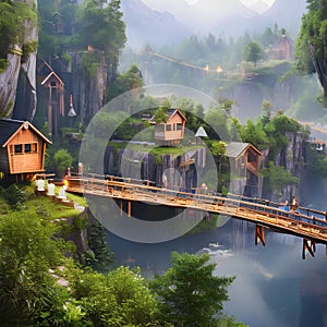 A whimsical village built inside a massive tree, with treehouses and bridges connecting each home1, Generative AI