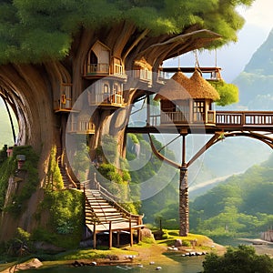 A whimsical village built inside a massive tree, with treehouses and bridges connecting each home4, Generative AI