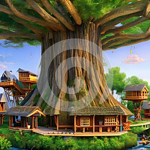 A whimsical village built inside a massive tree, with treehouses and bridges connecting each home5, Generative AI