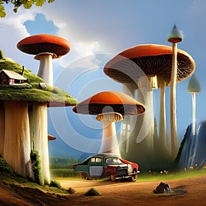 A whimsical village nestled among towering mushrooms, inhabited by tiny, whimsical creatures1, Generative AI