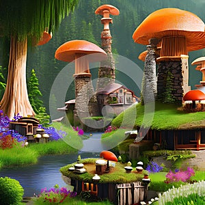 A whimsical village nestled among towering mushrooms, inhabited by tiny, whimsical creatures4, Generative AI