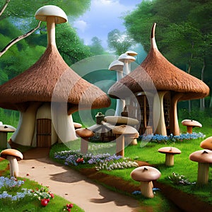 A whimsical village nestled among towering mushrooms, inhabited by tiny, whimsical creatures5, Generative AI