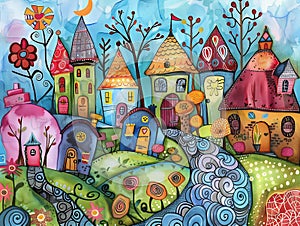 Whimsical Village Visions: A Colorful Depiction of Community Lif
