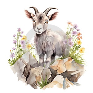 Whimsical Watercolor Baby Goat Climbing Rocks Surrounded by Mountain Flowers AI Generated