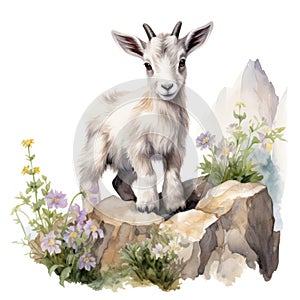 Whimsical Watercolor Baby Goat Climbing Rocks Surrounded by Mountain Flowers AI Generated