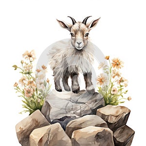 Whimsical Watercolor Baby Goat Climbing Rocks Surrounded by Mountain Flowers AI Generated