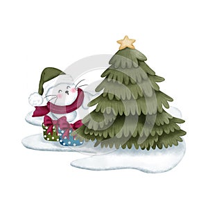 Whimsical watercolor baby seal with christmas gifts and pine tree on ice floes