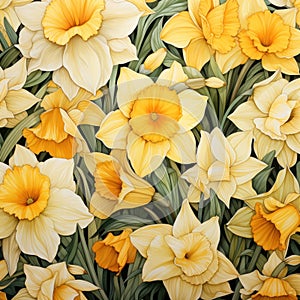 A whimsical watercolor botanical illustration of a field of daffodils by AI generated