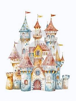 Whimsical Watercolor Castle Illustration in Pastel Tones