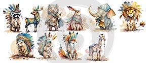 Whimsical Watercolor Collection: Vibrant Illustrations of Animals Adorned in Native