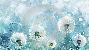 A whimsical watercolor design of dandelion fluff blowing in the breeze surrounded by soft blue and green watercolor