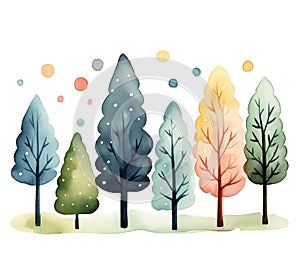 Whimsical Watercolor Forest with Colorful Trees and Playful Dots