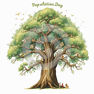 World Population Day â Whimsical Watercolor Tree of Global Unity and Cultural Diversity\