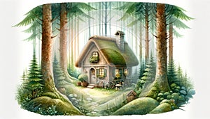 Whimsical Watercolor Illustration of Cozy Tiny House in Forest