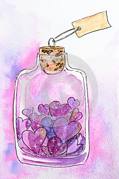 A whimsical watercolor illustration of a glass bottle filled with a sparkling, cosmic potion, symbolizing love.
