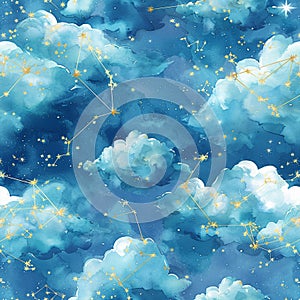 Whimsical watercolor seamless pattern wallpaper Dreamy pastel clouds and playful constellations dance across a dreamy blue sky,