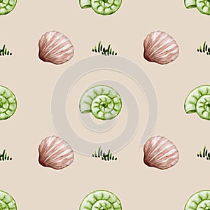 Whimsical watercolor shell pattern for fabric and packaging design