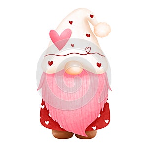 Whimsical watercolor valentine gnome boy illustration with pink beard.Pink valentine gnome lover clipart