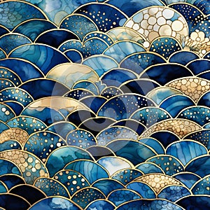 Whimsical Watercolor Waves: A Blue And Gold Tiled Background photo