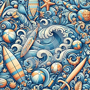 Whimsical wave pattern with surfboards and beach accessorie, p