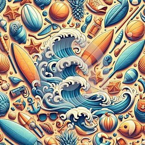 Whimsical wave pattern with surfboards and beach accessorie, p