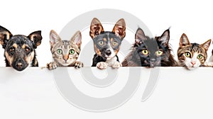 Whimsical web banner Cats and dogs peeking over white. Ai Generated