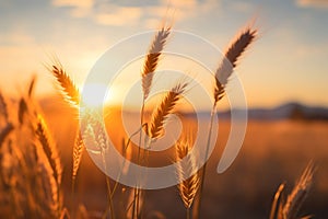 Whimsical wheat fields fantastic sunset with enchanting sunbeam glares