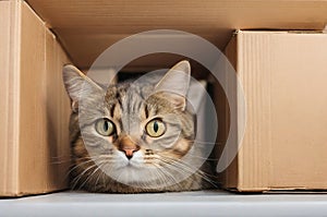 Whimsical Whiskers: Portrait of a Funny Cat Peeking Out of the Box.