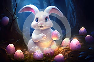 A Whimsical White Bunny Guardianship of Mystic Blue Orbs. Generative AI
