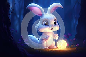 A Whimsical White Bunny Guardianship of Mystic Blue Orbs. Generative AI