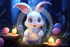 A Whimsical White Bunny Guardianship of Mystic Blue Orbs. Generative AI