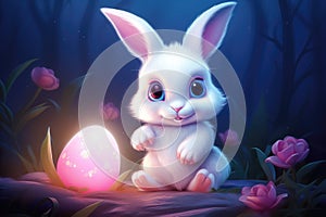 A Whimsical White Bunny Guardianship of Mystic Blue Orbs. Generative AI