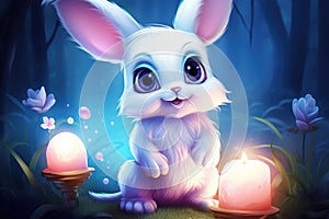 A Whimsical White Bunny Guardianship of Mystic Blue Orbs. Generative AI