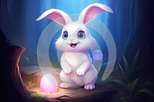 A Whimsical White Bunny Guardianship of Mystic Blue Orbs. Generative AI