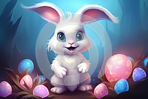 A Whimsical White Bunny Guardianship of Mystic Blue Orbs. Generative AI