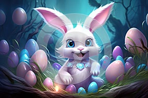 A Whimsical White Bunny Guardianship of Mystic Blue Orbs. Generative AI