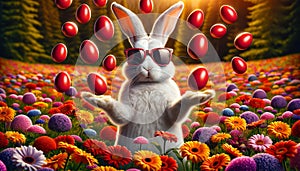 A whimsical white rabbit wearing sunglasses juggles red Easter eggs.